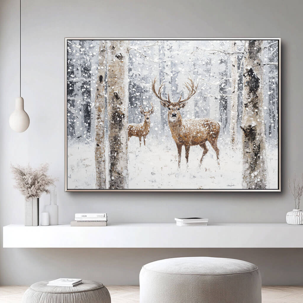 Serene Winter Wonderland Art | Peaceful Deer in Snow Painting