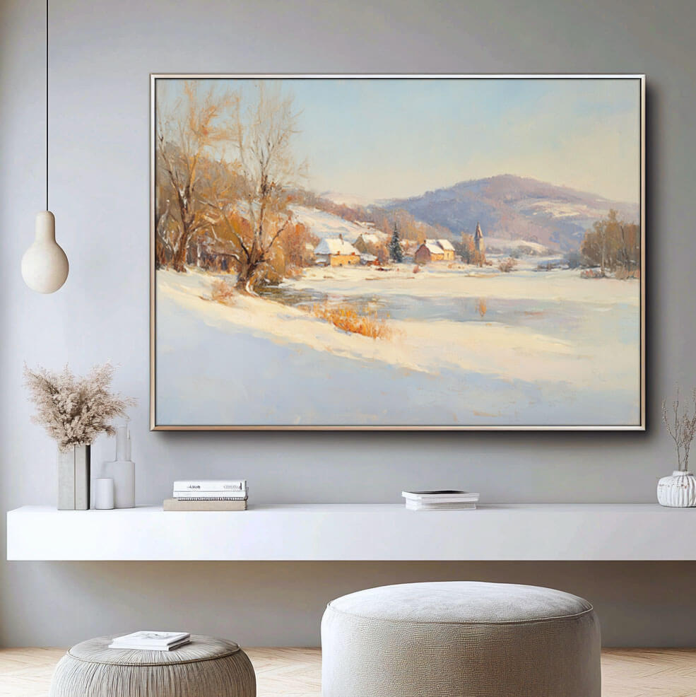 Serene Snowy Landscape Painting | Peaceful Winter Wall Art