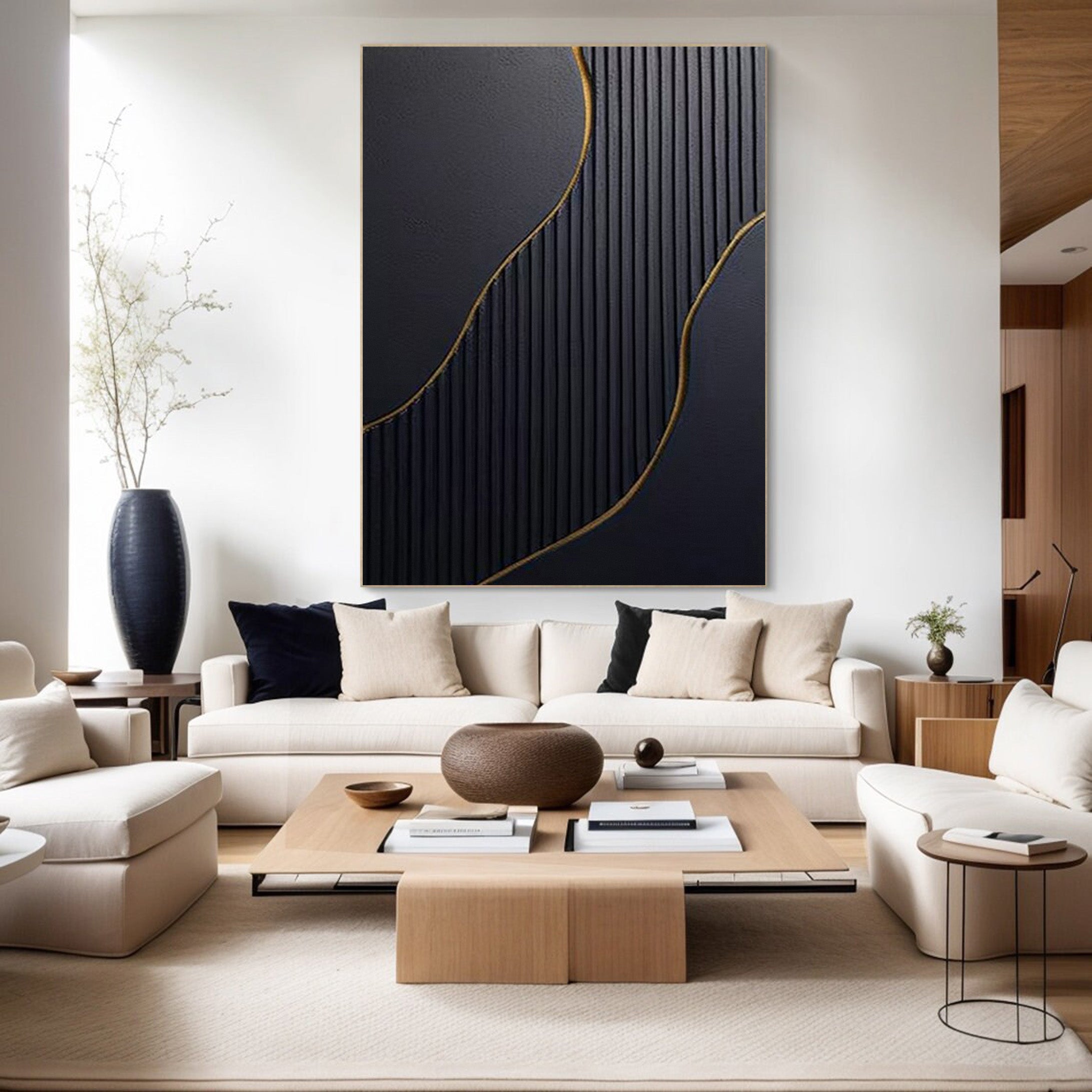 Textured Black and Gold Abstract Art | Modern Linear Canvas Painting #JJ 057