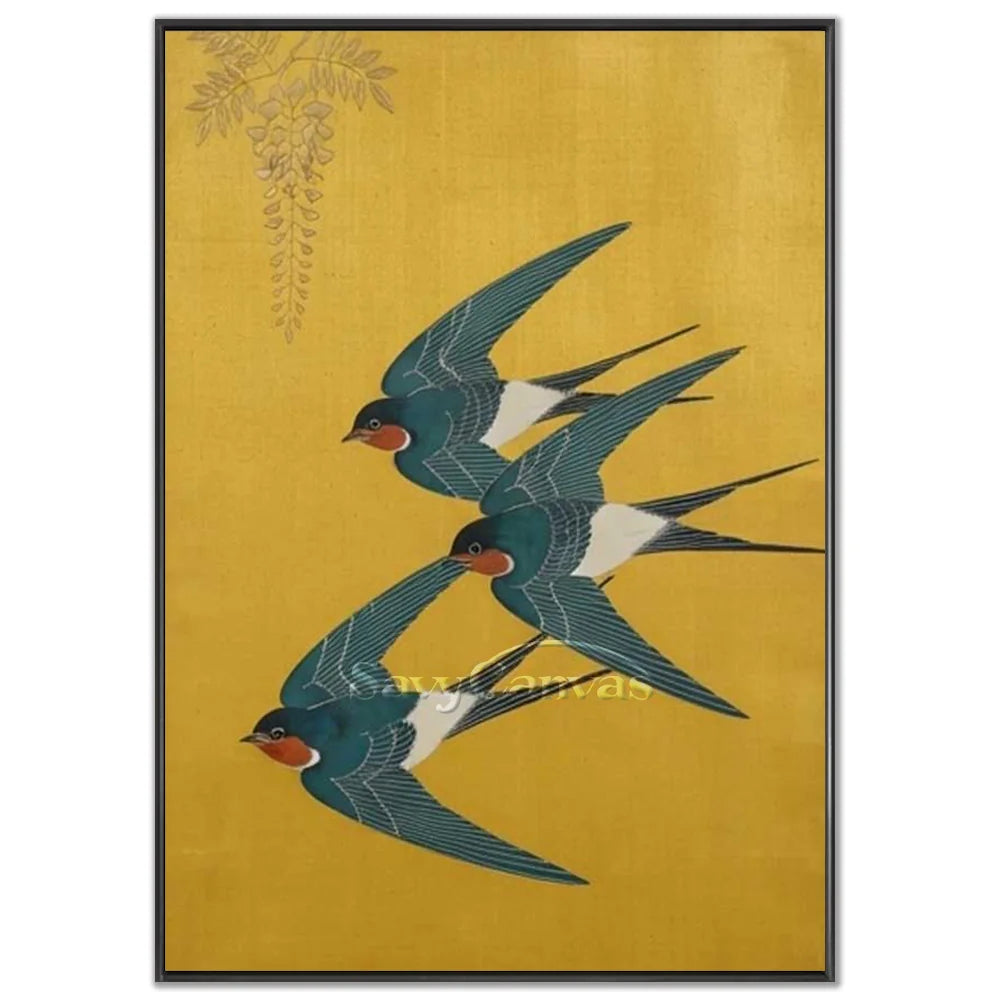 Japanese Vintage Swallow Oil Painting Yellow Canvas Art #AA 544
