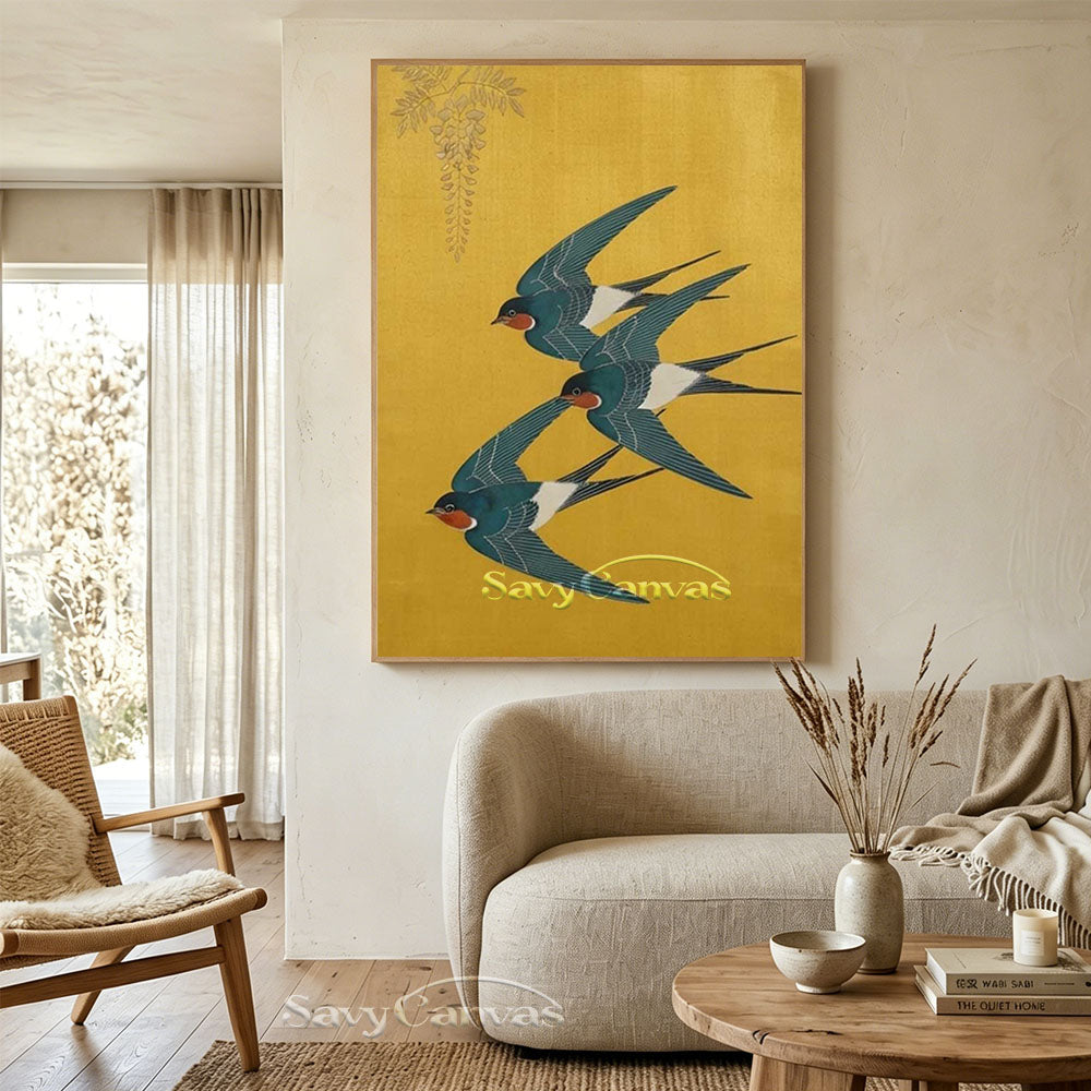Japanese Vintage Swallow Oil Painting Yellow Canvas Art #AA 544
