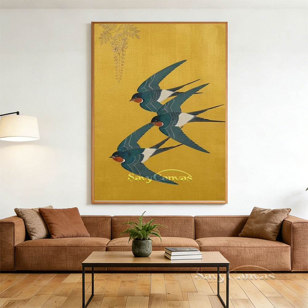 Japanese Vintage Swallow Oil Painting Yellow Canvas Art #AA 544