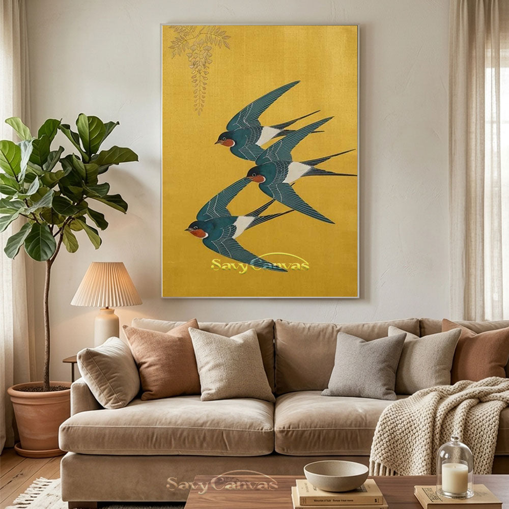 Japanese Vintage Swallow Oil Painting Yellow Canvas Art #AA 544