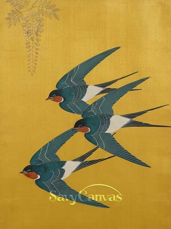 Japanese Vintage Swallow Oil Painting Yellow Canvas Art #AA 544