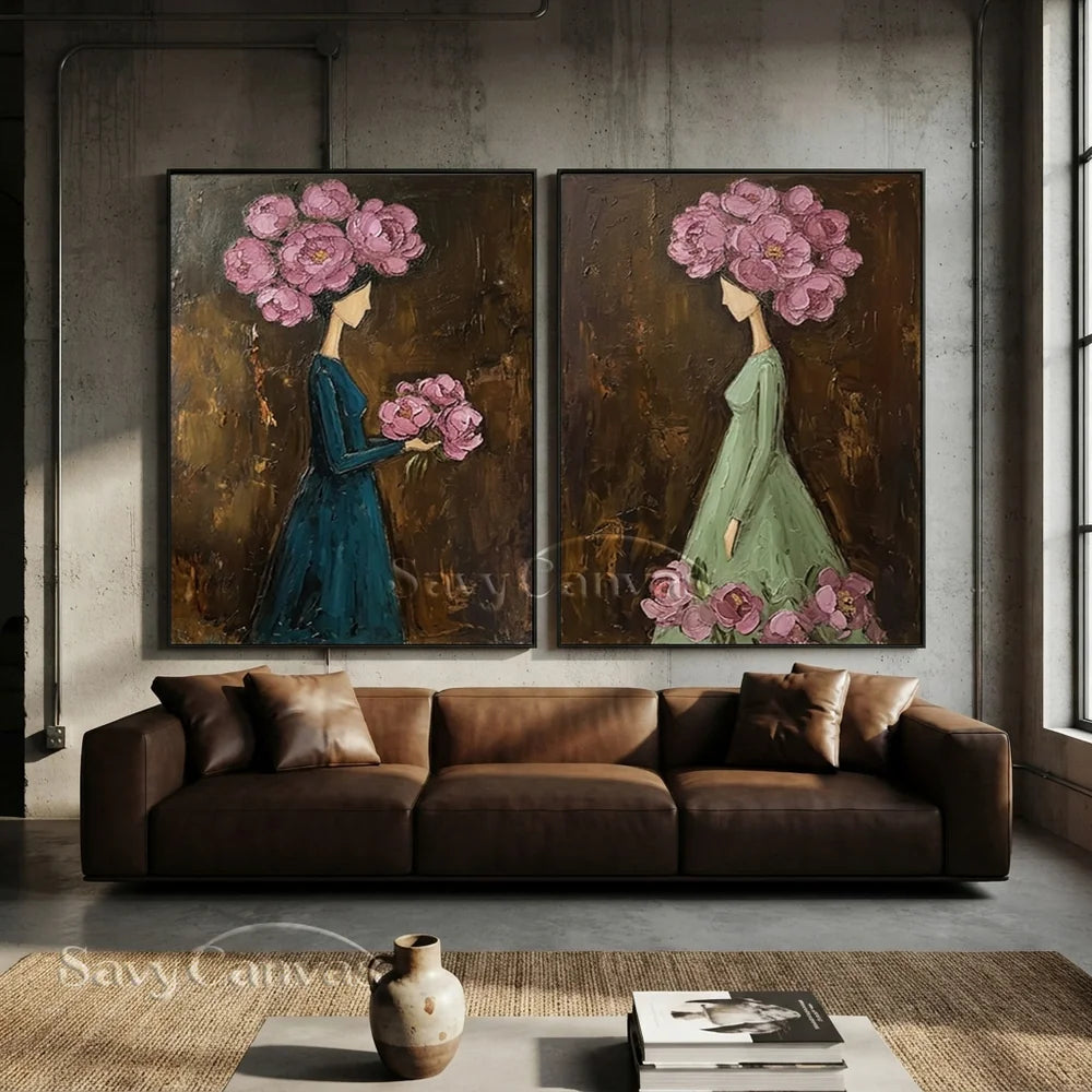 Textured Surrealist Floral Women Handmade Oil Painting Set of 2 #SS 302