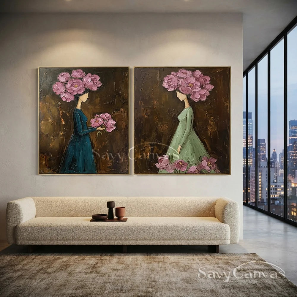 Textured Surrealist Floral Women Handmade Oil Painting Set of 2 #SS 302
