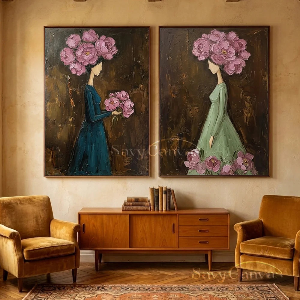 Textured Surrealist Floral Women Handmade Oil Painting Set of 2 #SS 302
