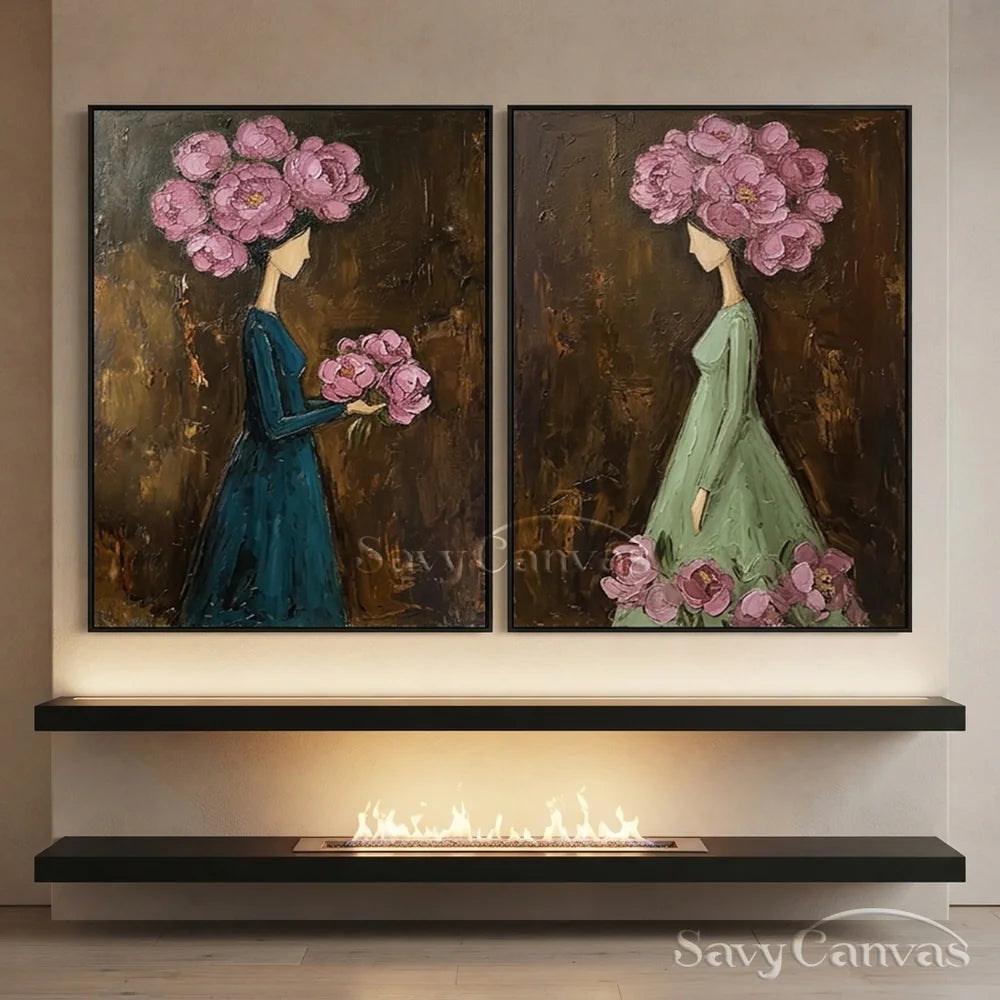 Textured Surrealist Floral Women Handmade Oil Painting Set of 2 #SS 302