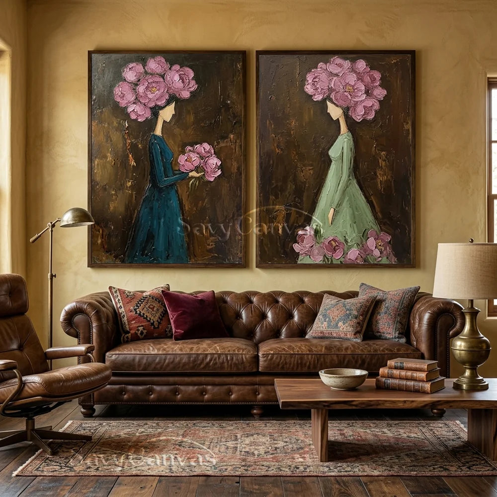 Textured Surrealist Floral Women Handmade Oil Painting Set of 2 #SS 302