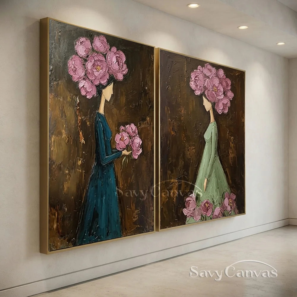 Textured Surrealist Floral Women Handmade Oil Painting Set of 2 #SS 302
