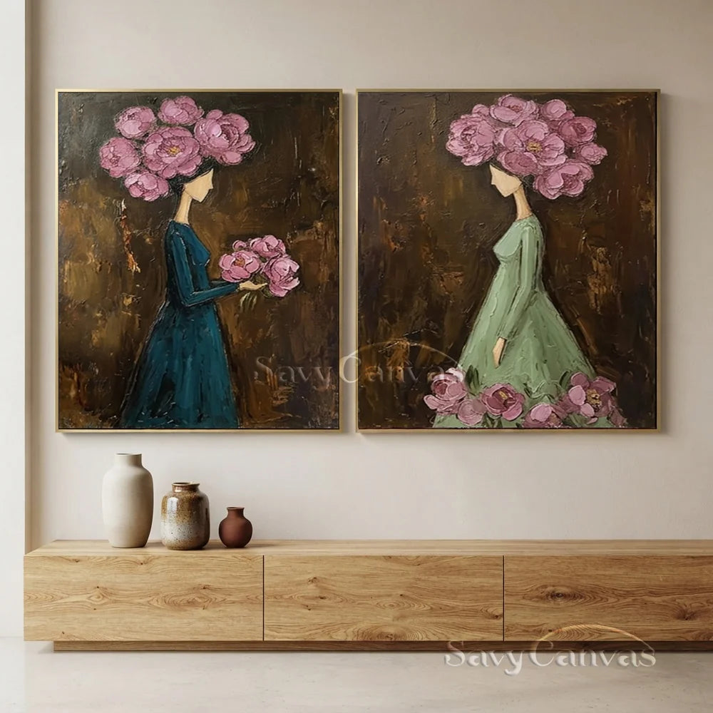 Textured Surrealist Floral Women Handmade Oil Painting Set of 2 #SS 302