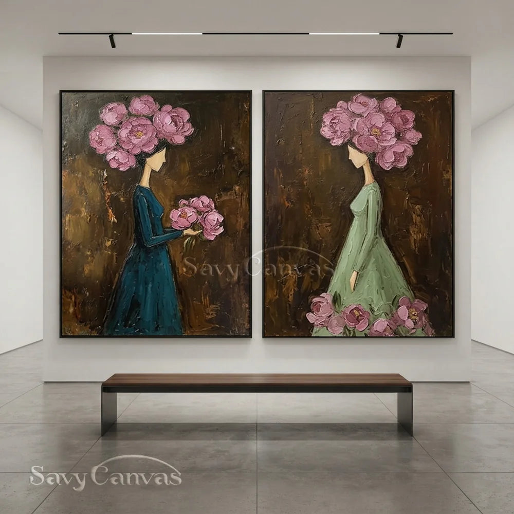 Textured Surrealist Floral Women Handmade Oil Painting Set of 2 #SS 302
