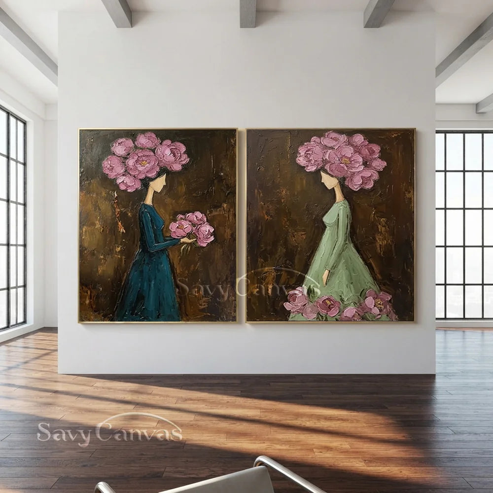 Textured Surrealist Floral Women Handmade Oil Painting Set of 2 #SS 302