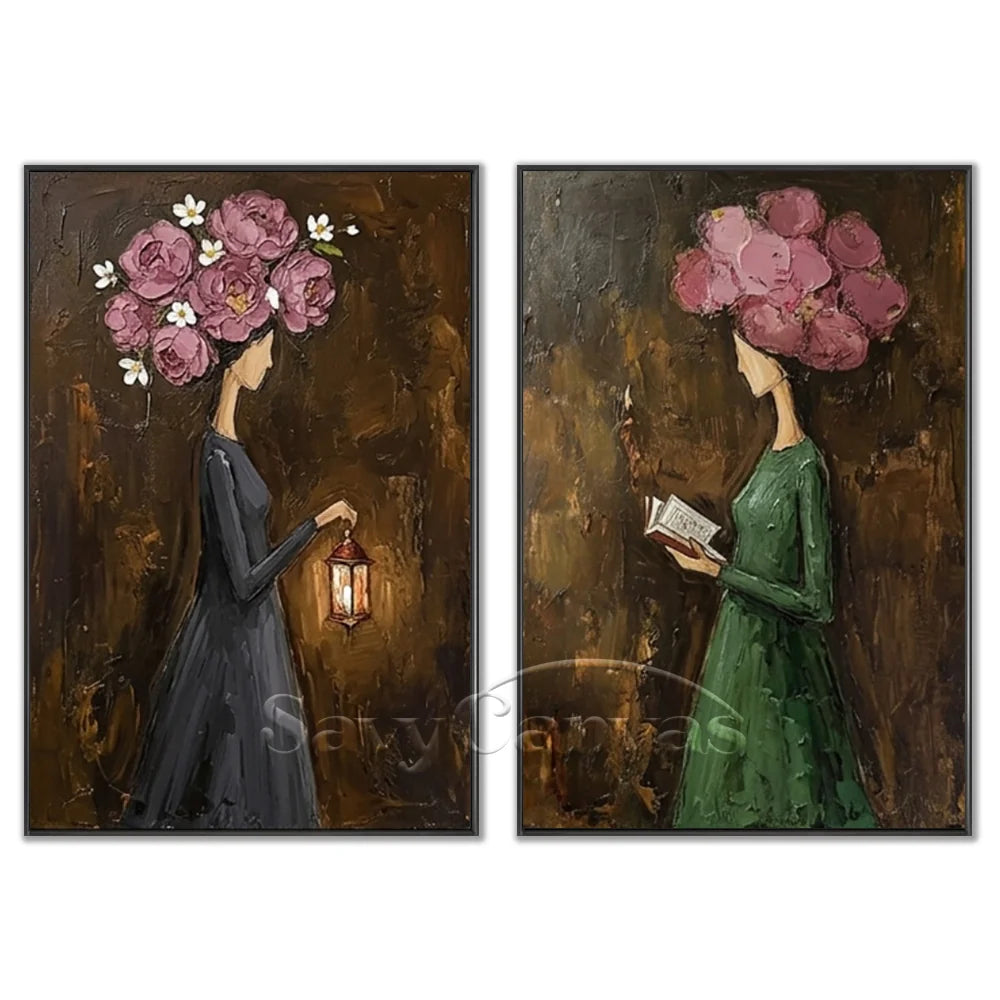 100% hand-painted surrealist oil painting set of 2 featuring elegant women profiles with pink peony flower heads and bouquets against a dark textured background.  