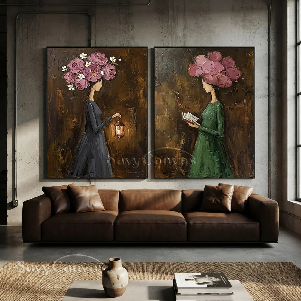 Pink Peony Floral Head Women Handmade Oil Painting #SS 303