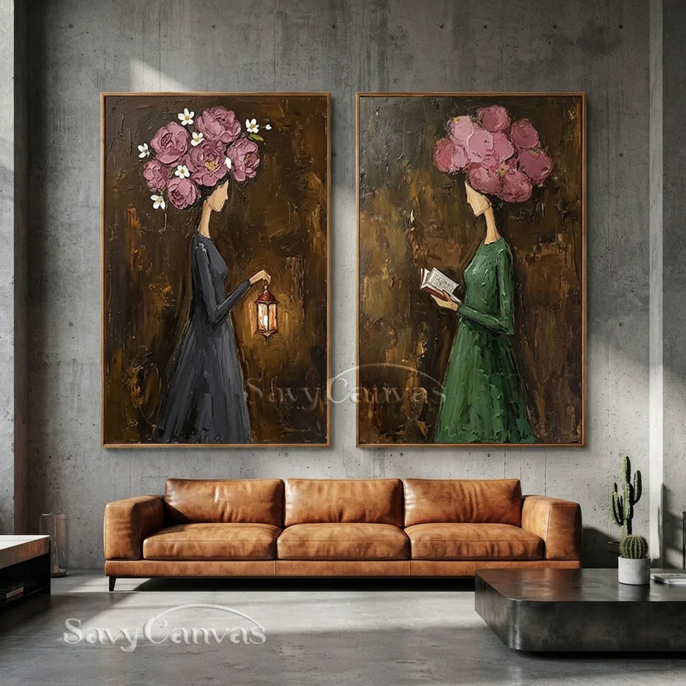 Pink Peony Floral Head Women Handmade Oil Painting #SS 303
