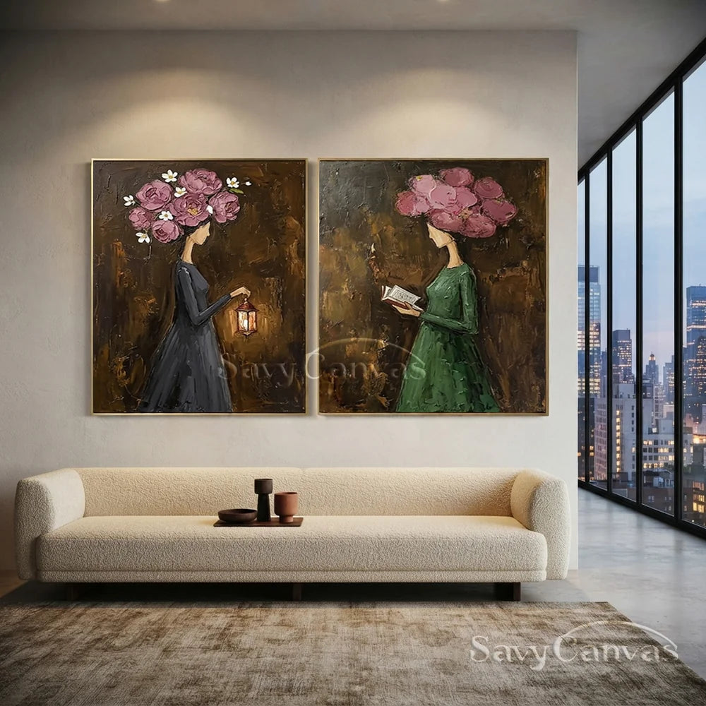 Pink Peony Floral Head Women Handmade Oil Painting #SS 303