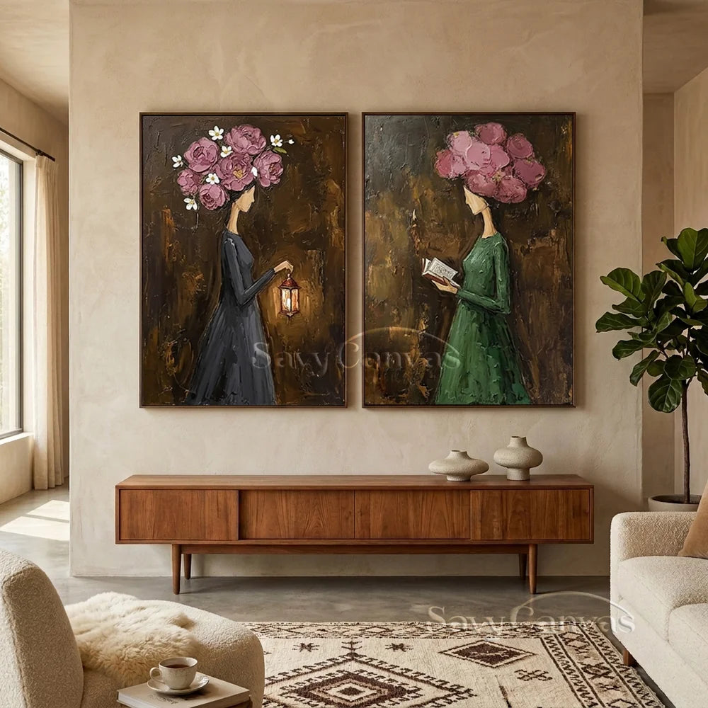 Pink Peony Floral Head Women Handmade Oil Painting #SS 303