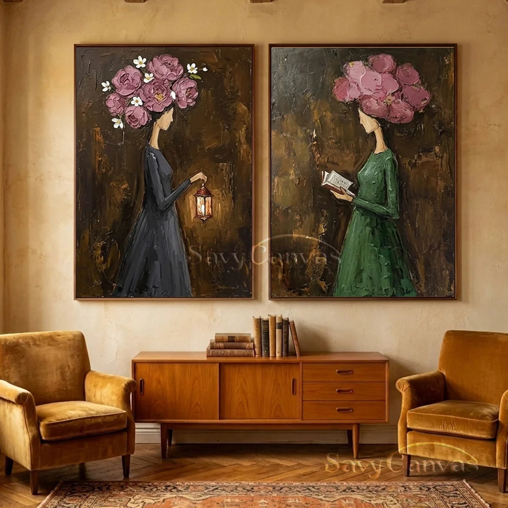 Pink Peony Floral Head Women Handmade Oil Painting #SS 303