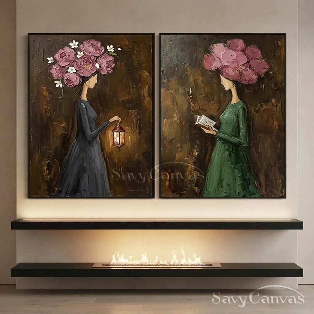 Pink Peony Floral Head Women Handmade Oil Painting #SS 303