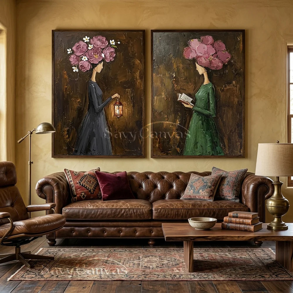 Pink Peony Floral Head Women Handmade Oil Painting #SS 303