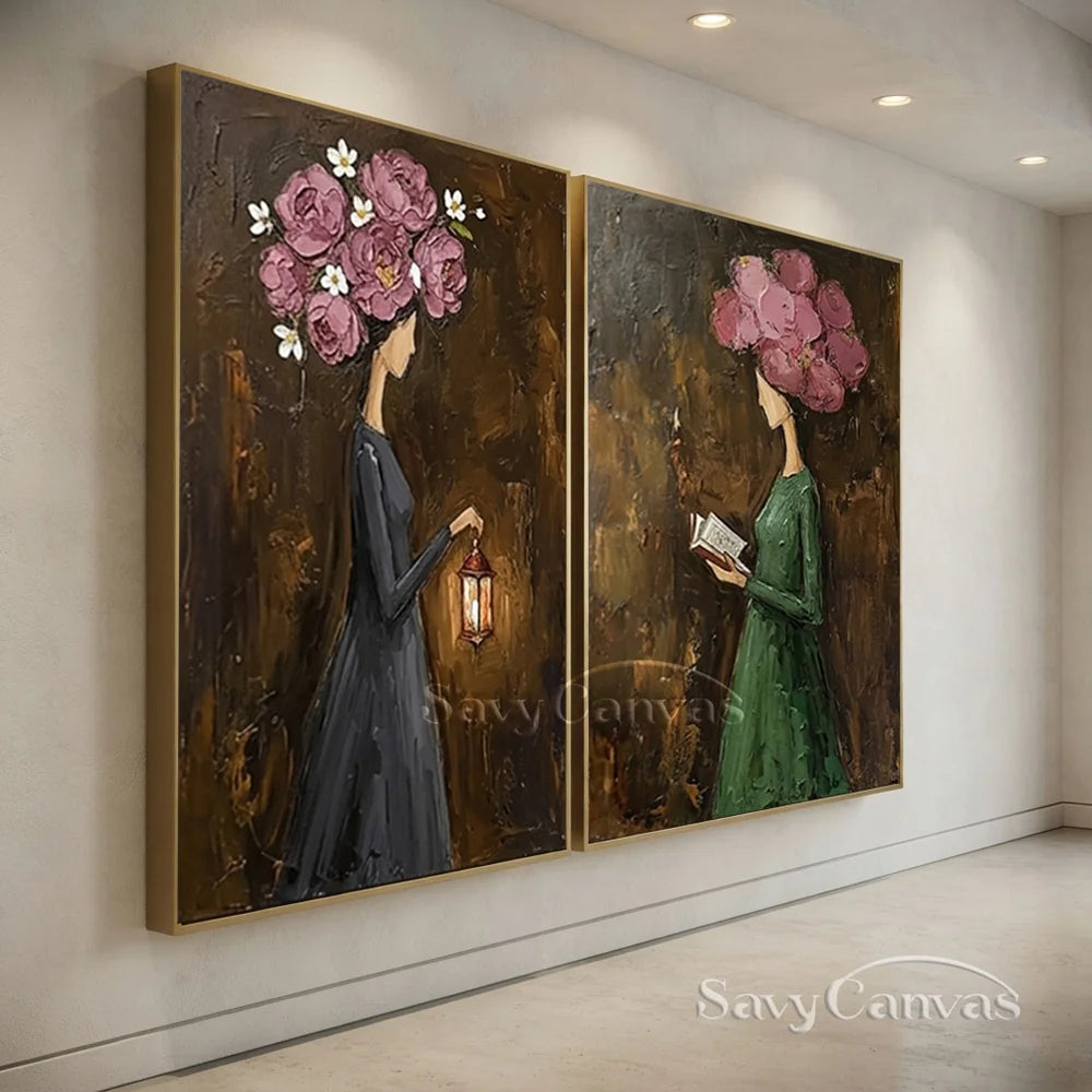 Pink Peony Floral Head Women Handmade Oil Painting #SS 303
