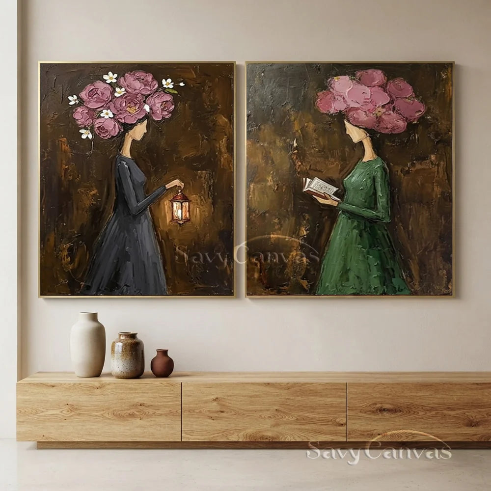 Pink Peony Floral Head Women Handmade Oil Painting #SS 303