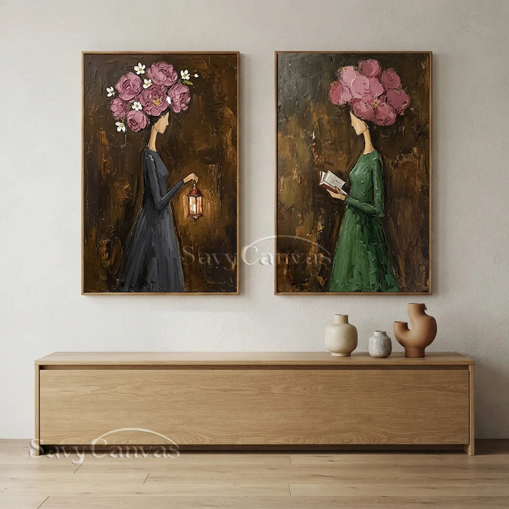 Pink Peony Floral Head Women Handmade Oil Painting #SS 303