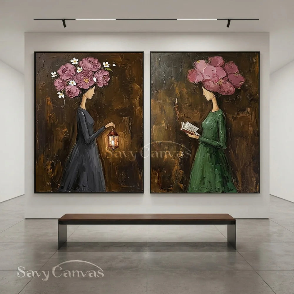 Pink Peony Floral Head Women Handmade Oil Painting #SS 303