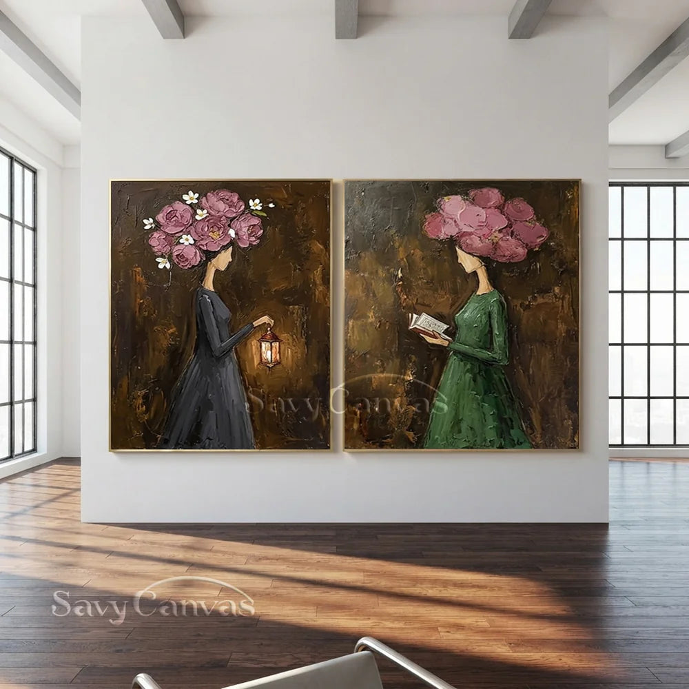 Pink Peony Floral Head Women Handmade Oil Painting #SS 303
