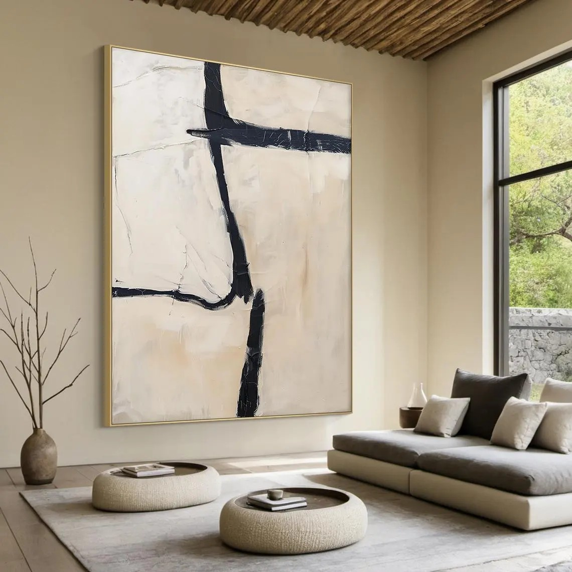Geometric Abstract Oil Painting | Bold Black Lines Original Art  #TC 059