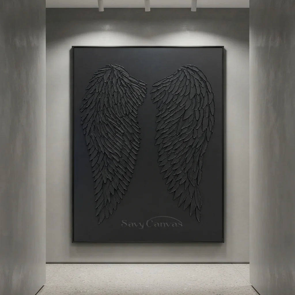3D Black Angel Wings Wall Decor | Modern Gothic Textured Canvas #ZZ 278