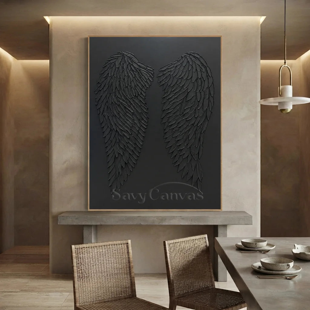 3D Black Angel Wings Wall Decor | Modern Gothic Textured Canvas #ZZ 278