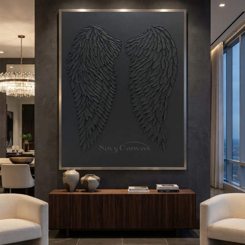 3D Black Angel Wings Wall Decor | Modern Gothic Textured Canvas #ZZ 278