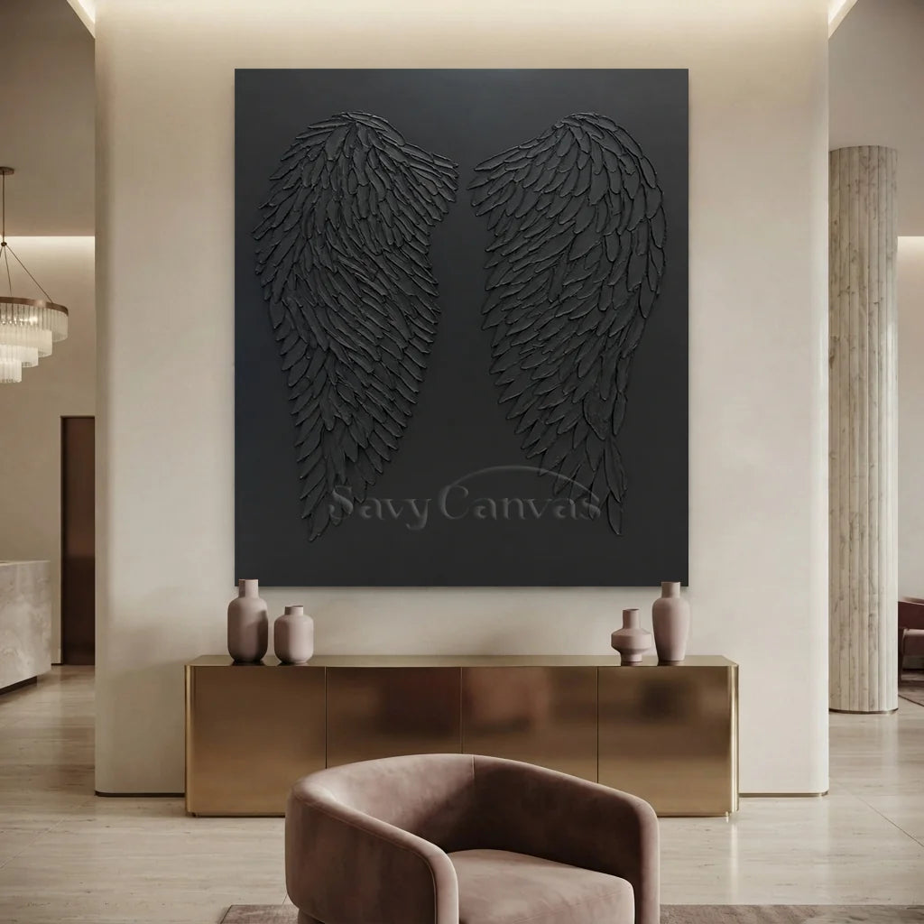 3D Black Angel Wings Wall Decor | Modern Gothic Textured Canvas #ZZ 278