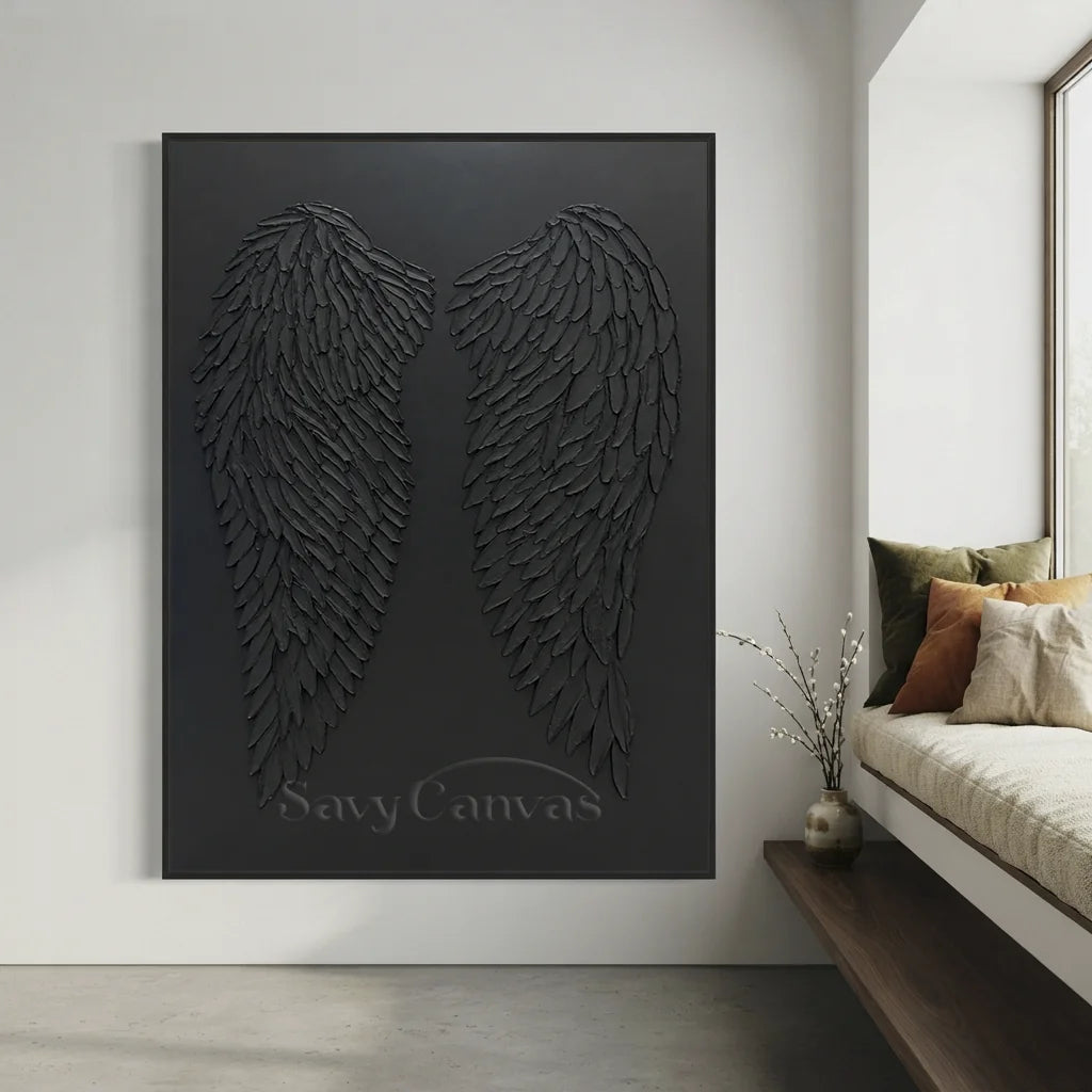 3D Black Angel Wings Wall Decor | Modern Gothic Textured Canvas #ZZ 278