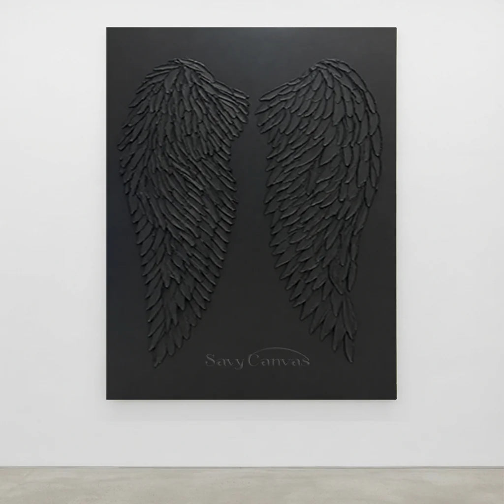 3D Black Angel Wings Wall Decor | Modern Gothic Textured Canvas #ZZ 278