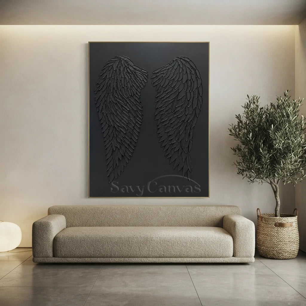 3D Black Angel Wings Wall Decor | Modern Gothic Textured Canvas #ZZ 278