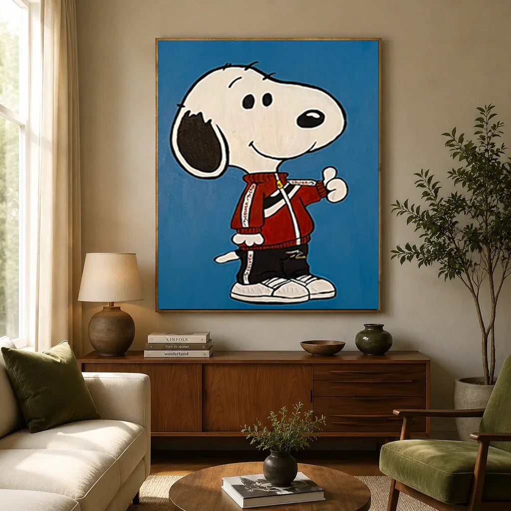 Hand-painted blue background Snoopy pop art oil painting in a red jacket for modern hallway and corridor decor.