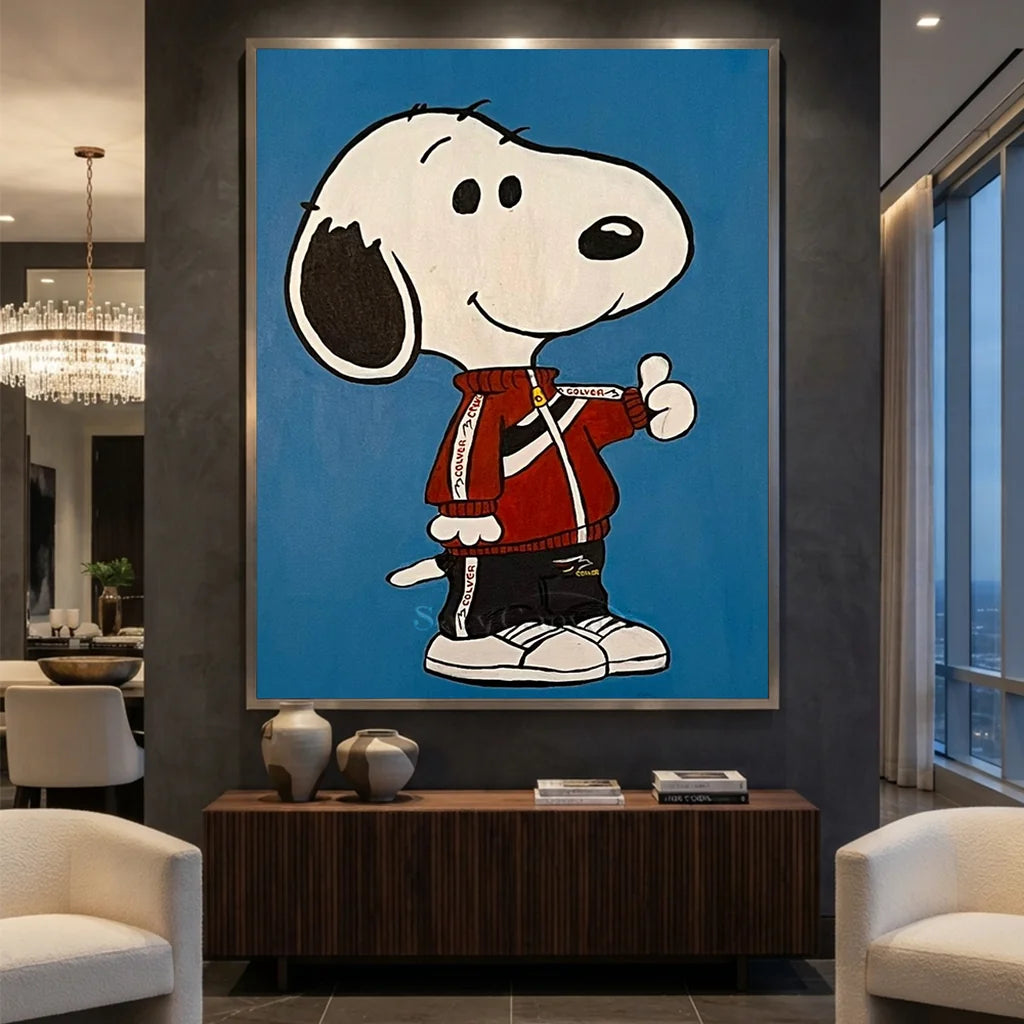 Pop Art Snoopy Canvas Oil Painting, Blue Cartoon Wall Art #SS 372