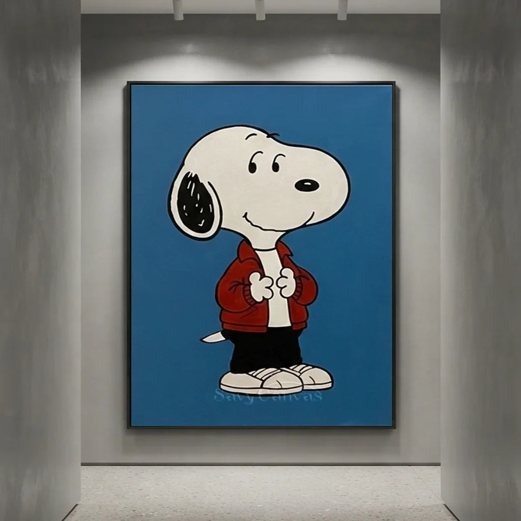 Hand-painted blue background Snoopy pop art oil painting in a red jacket for modern cartoon wall decor and kids room.