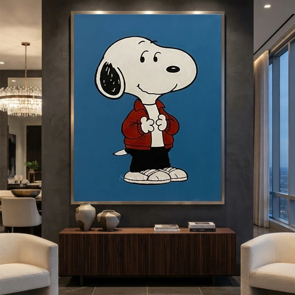 Pop Art Snoopy Canvas Oil Painting, Blue Cartoon Wall Art #SS 373