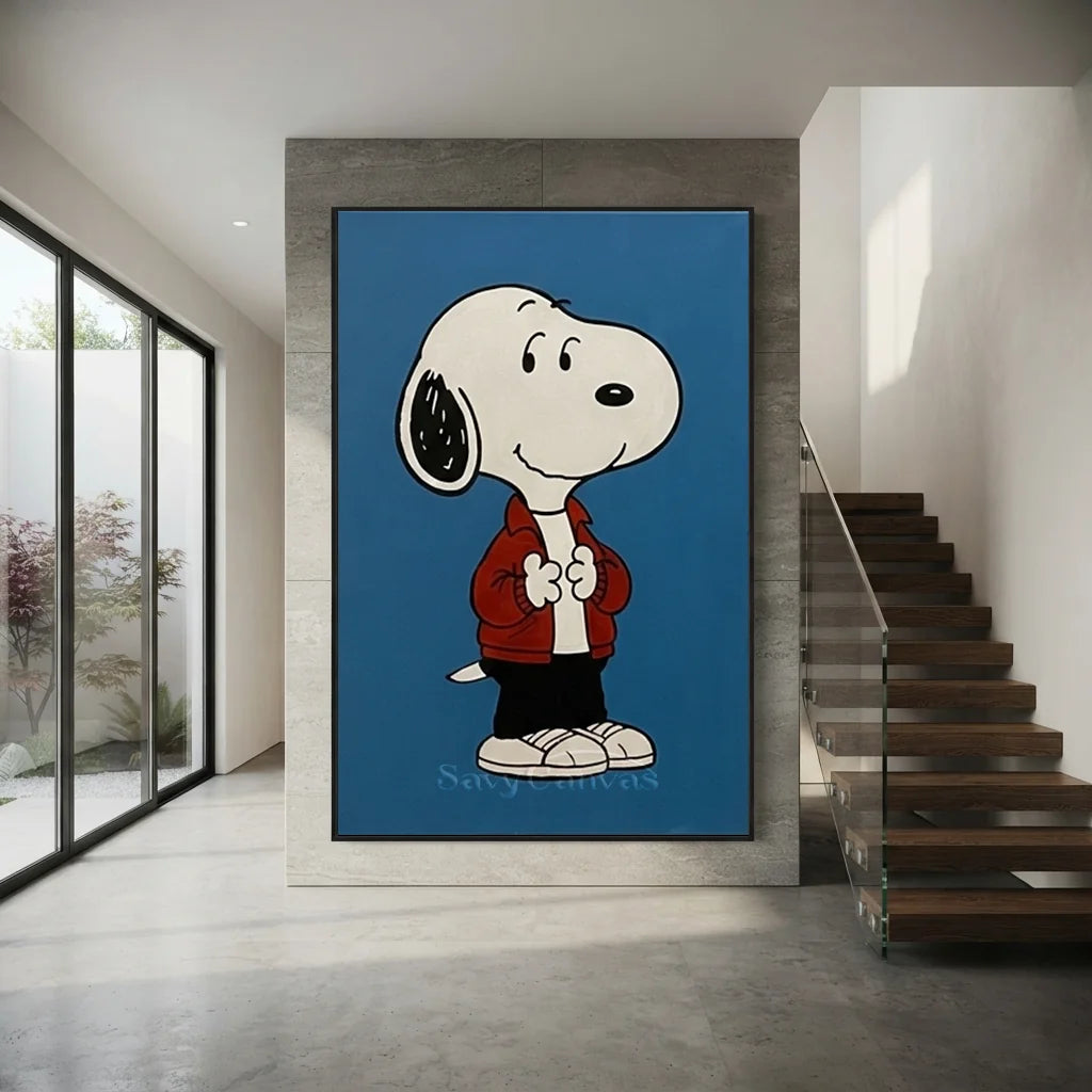 Pop Art Snoopy Canvas Oil Painting, Blue Cartoon Wall Art #SS 373