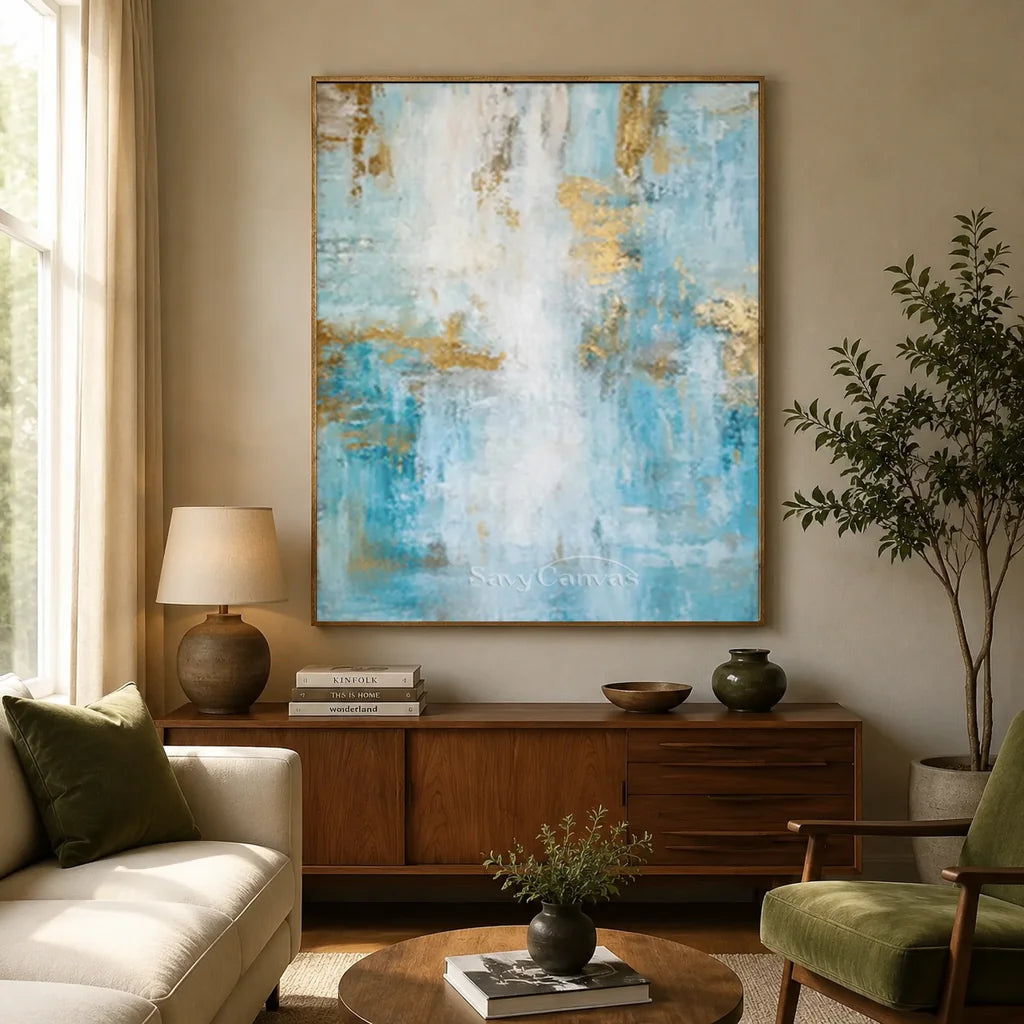 Hand-painted blue and gold foil abstract oil painting with heavy texture for modern coastal wall decor