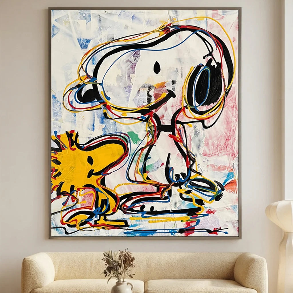 Hand-painted colorful Pollock style Snoopy and Woodstock oil painting in a black frame for modern living room wall decor.