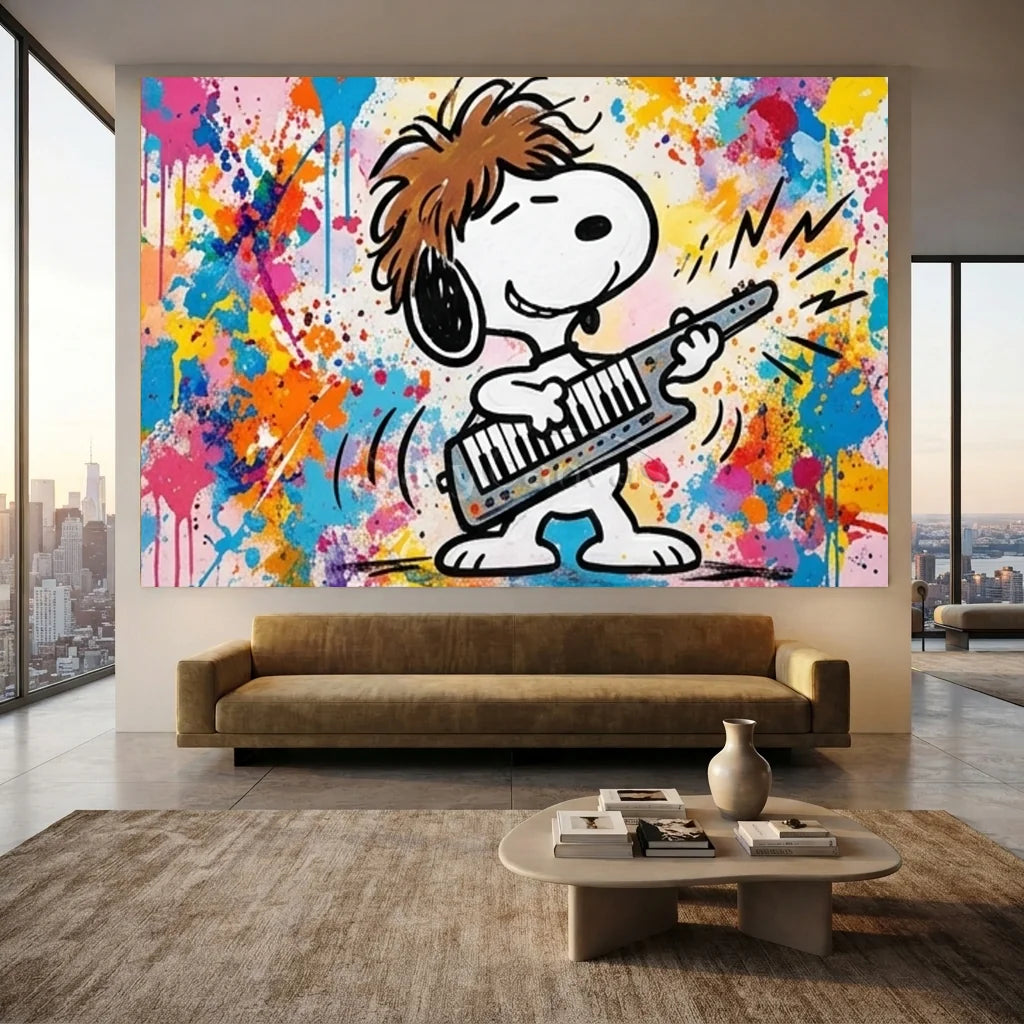 Hand-painted Pop Art oil painting of Snoopy wearing a red cap and backpack standing by a "CAMP KAOS" sign on a trail against a vibrant green and yellow textured forest background.