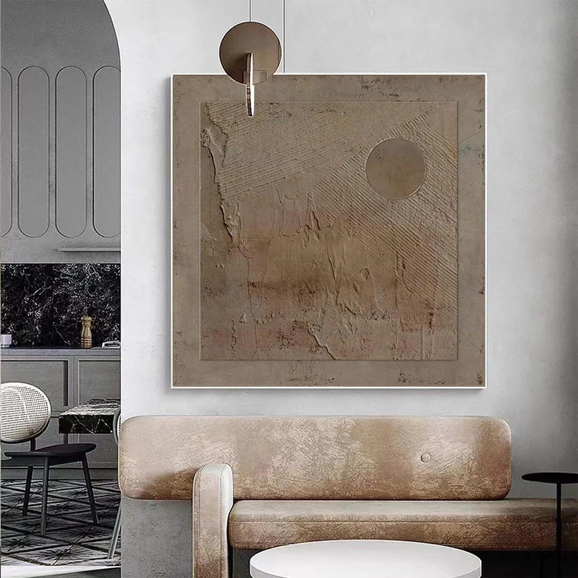 Wabi-Sabi Abstract Oil Painting - Textured Monochromatic Circle Art #JJ 012