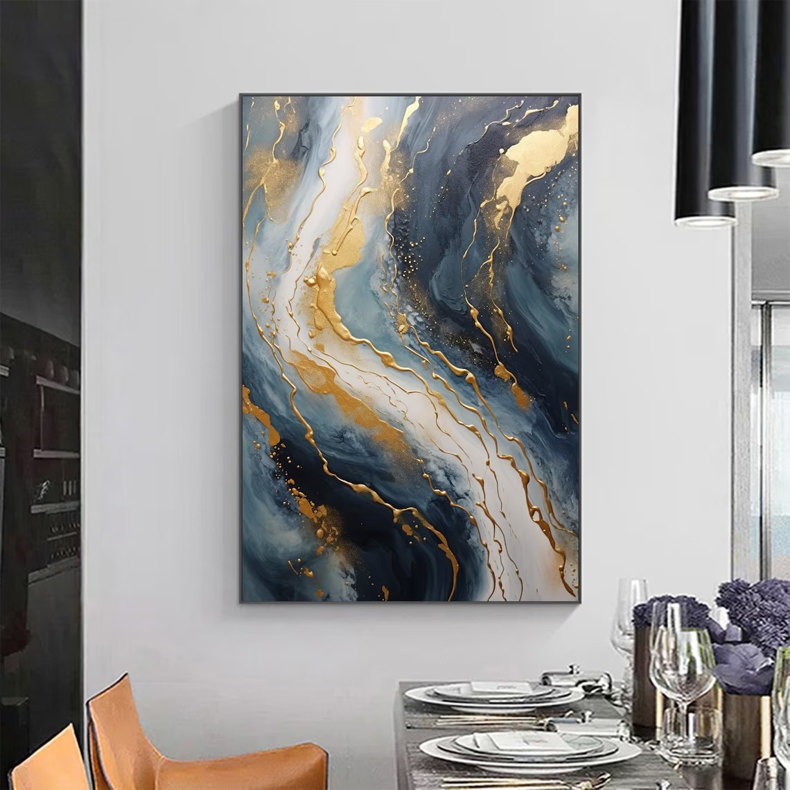 Navy Blue and Gold  Abstract Textured Wall Painting | Large Wall Decor #TC 074