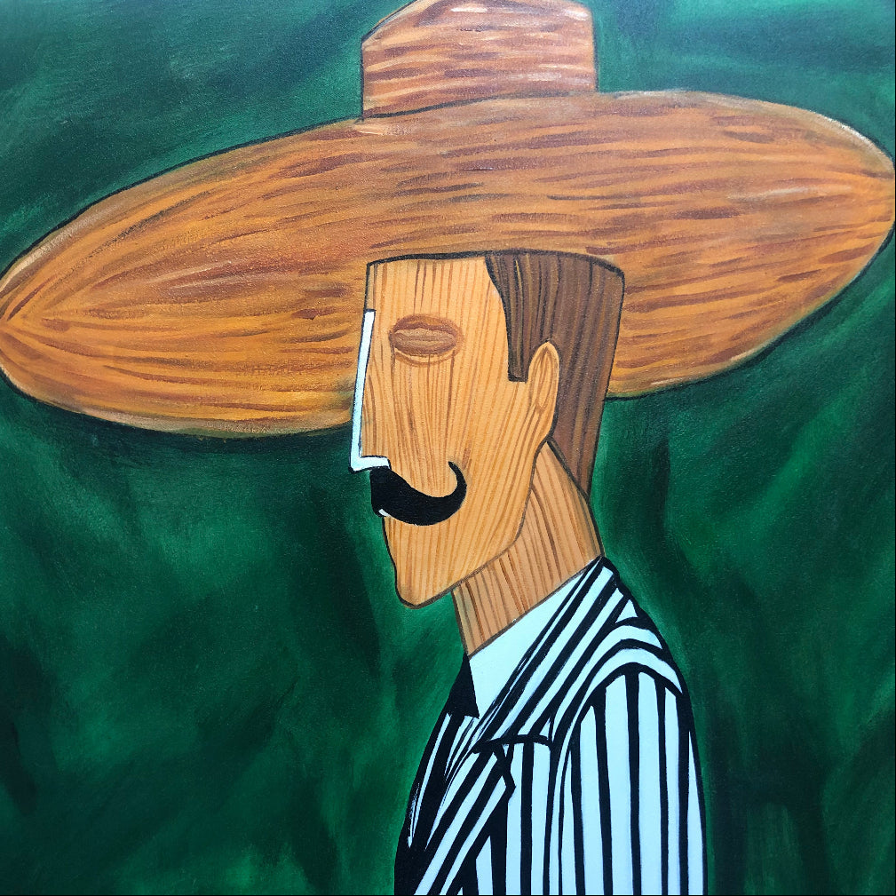 Abstract Cowboy Oil Painting | Green Retro Canvas Wall Art #ZC 019