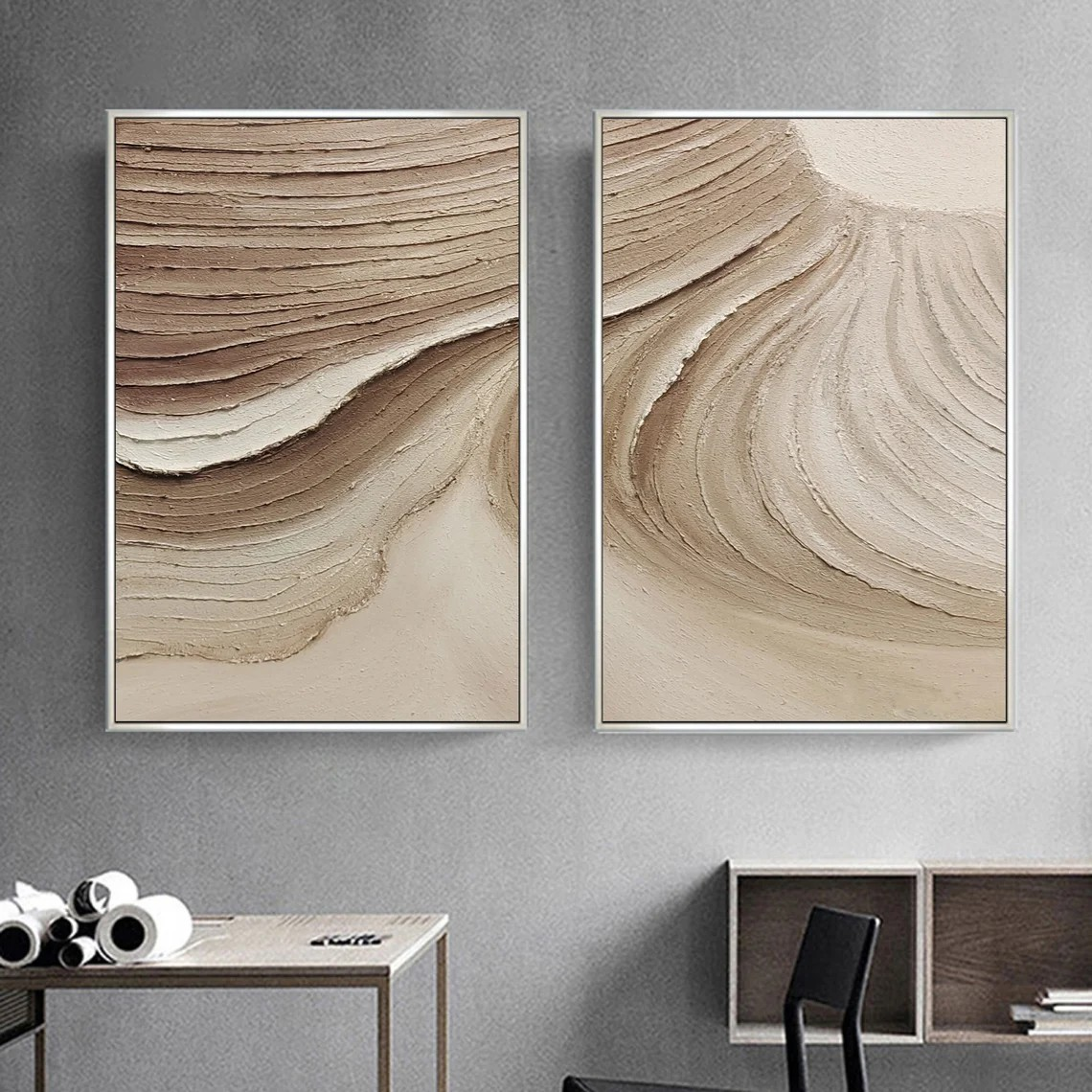 Modern Wall Art - Textured Beige Abstract Painting Set | #TC 051
